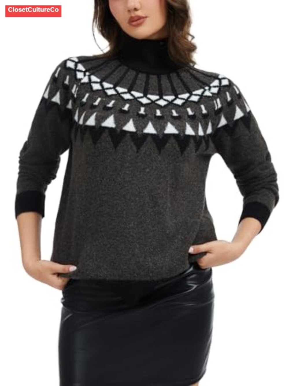 Womens Fair Isle Turtleneck Pullover Sweater Oversized Knit Long Sleeve - Picture 2 of 6